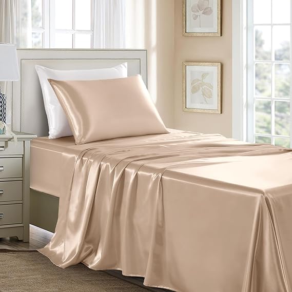 Champagne Satin Sheets Twin Size - 3 Pcs Luxury Silky Soft Bed Sheets