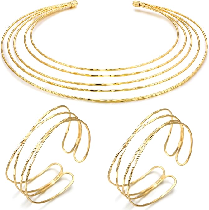 BOMAIL Gold Chunky Jewelry Set for Women | Open Big Choker Necklace, Arm Cuff Bracelets, Adjustable, Statement Costume Jewelry