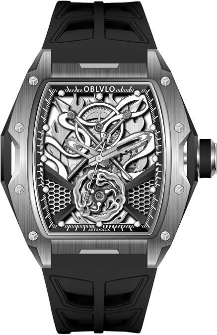 OBLVLO Luxury Skeleton Automatic Watch, Black Rubber Strap, Silver Tone Case