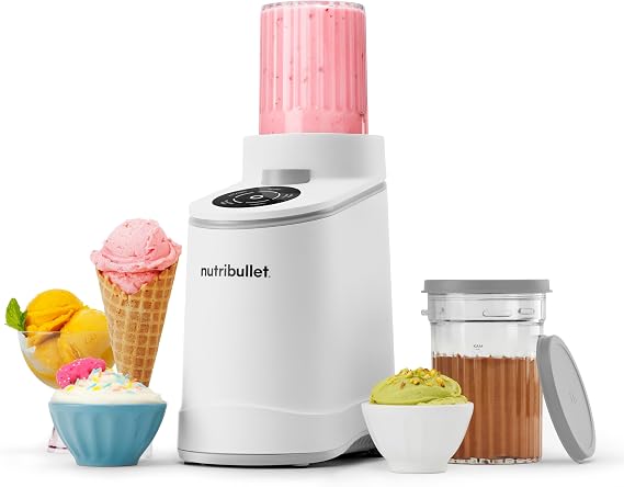 nutribullet Chill Ice Cream Maker, for Gelato, Sorbet, Frozen Yogurt, Smoothie Bowls, Compact Size, (2) Dishwasher Safe 16 oz. Pint Cups with Lids, White, NBD50100AW