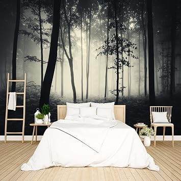 Dark Enchanted Forest Wallpaper Foggy Black Woods Bedroom Jungle Tree Mural Living Room Woodland Large wall Mural - 91"x65" Not Peel and Stick