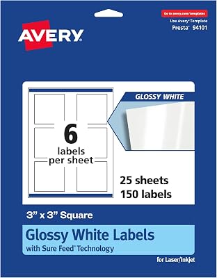 Avery Square Labels, Sure Feed Technology, 3 x 3, 150 Glossy White Labels 36482