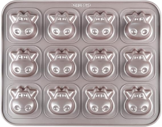 CHEFMADE Cows Cake Pan, 12-Cavity Non-Stick Animal Muffin Bakeware for Oven Baking (Champagne Gold)