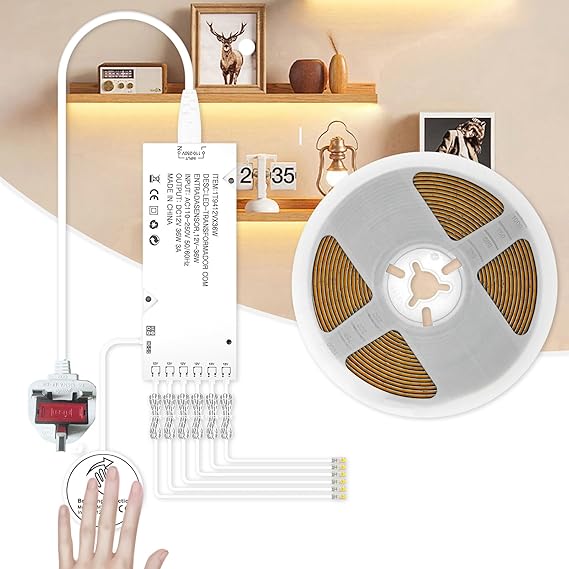 RYE Under Cabinet Led Light Strip kit,16.4ft/5m Cuttable 3000K,6 Outlets Power,Touch Switch&Dimmer,COB Strip for Kitchen Cupboard,Book Shelf,Floating Shelf,Wall Panel,Home Decor [Energy Class A] [Energy Class A]
