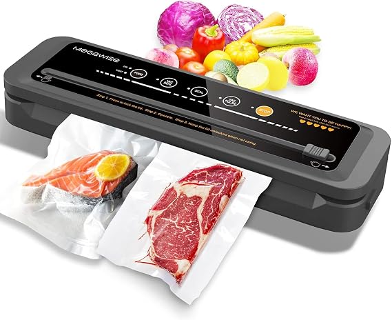 MegaWise Vacuum Sealer Machine – High-Power 80kPa Suction, One-Touch Operation, Built-in Cutter & Bag Storage – Works with All Food Types, Includes Bags & Hose (Black)