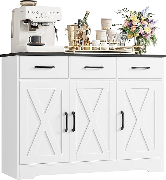HOCSOK Sideboard, Kitchen Cabinet with 3 Drawers and 3 Doors, Wooden Storage Cupboard Cabinet for Kitchen, Living Room, Dining Room, Hallway, White & Black