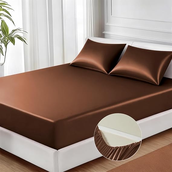 MR&HM Satin Fitted Sheet Queen Size with Elastic Corner Straps, Brown