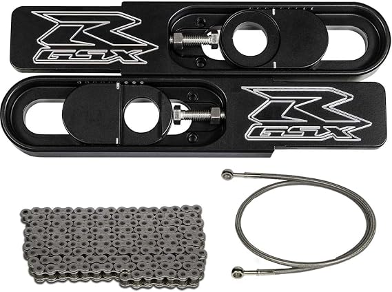 2004 GSXR 1000 Swingarm Extensions Black Engraved 4.5-9" Stretch with 36" Extended Brake Line and 530 x 150 Link Chain - Made in the USA