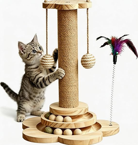 Cat Scratching Post for Kittens, 4 in 1 Wooden Cat Scratcher Toy, 17.7" Tall Scratch Post with 2 Level Cat Track Balls, Interactive Feather Toy and 2 Sisal Hanging Balls for Indoor Kittens