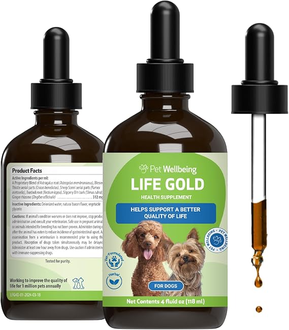 Pet Wellbeing Life Gold for Dogs - Immune & Cellular Health, 4 oz | NASC Certified & Vet-Formulated Liquid Immune Supplement with Sheep Sorrel & Burdock Root for Lymphatic & Immune Support
