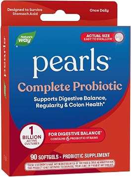 Natures Way Pearls Complete Probiotic, Supports Digestive Balance*, 1 Billion Live Cultures, Supplement for Men and Women, No Refrigeration Required, 90 softgels Packaging May Vary