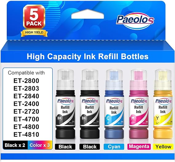 Paeolos Compatible Ink Refill Bottles Replacement for Epson 522 Ink Refill | High Yield for EcoTank ET-2800 Ink ET-4800 ET-2400 ET-2803 ET-2720 ET-2840 ET-4700 ET-4810 Printers 2 Black and 3 Color Home