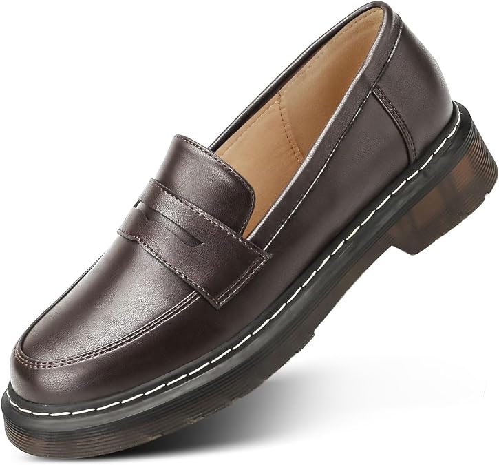 Loafers for Women Leather Chunky Platform Penny Shoes Classic Round Toe Comfortable Slip-On Dressy Fashion Driving Ladies Shoes