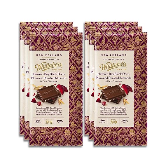 Whittaker's Hawkes Bay Black Doris Plum and Roasted Almond Dark 100g (Pack of 6) (Made in New Zealand)
