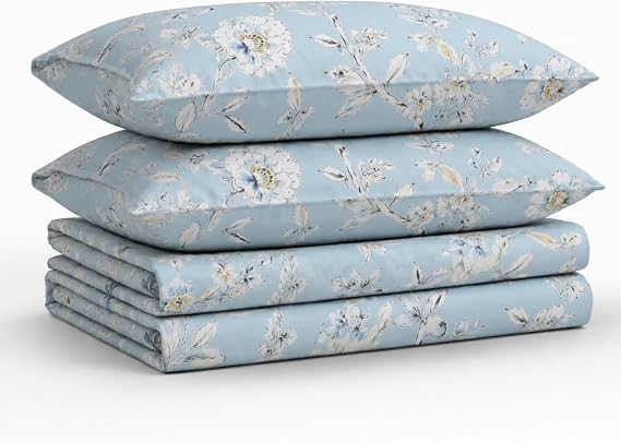 Tribeca Living 300 Thread Count Cotton Extra Deep Pocket Printed Sheet Set, Queen, Colmar Sky Blue/Multi