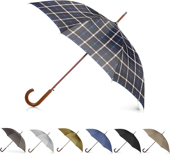 Totes Auto Open Water Repellent Stick Umbrella with Classic Wood J Hook Handle