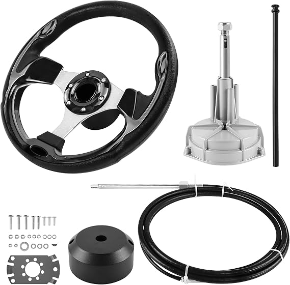 Boat Steering System, 16ft Cable Outboard Steering Kit 3/4"" Standard Tapered Shaft, Boat Steering Control Cable for Yachts, Fishing Boats and Other Watercraft - with Steering Wheel
