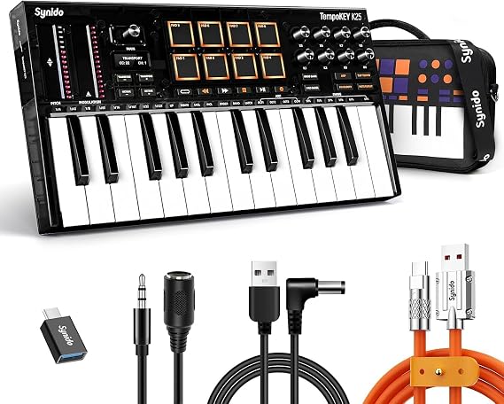 Synido 25 Key USB MIDI Keyboard Controller with 8 Drum Pads, Professional Mini Midi Keyboard with OLED Screen, Beat Maker Machine for Music Production, Black, TempoKey K25