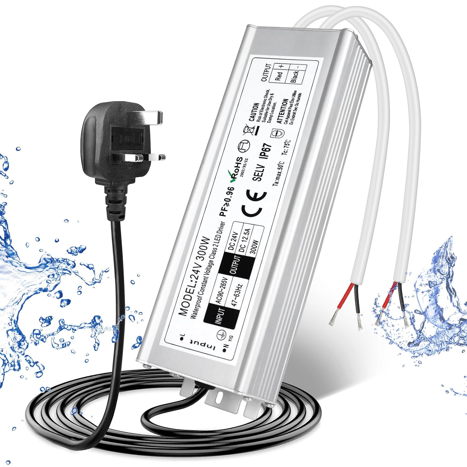 LightingWill 24V 12.5A 300W Power Supply IP67, Outdoor Waterproof LED Driver With Plug, AC 240V to DC 24 Volt Transformer for LED Lighting, CCTV, Computer Project