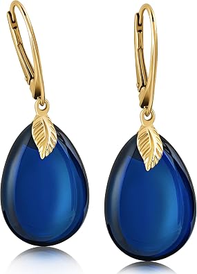 Leverback Earrings for Women Gold-Plated 925 Silver Drop Earrings with Natural Blue Baltic Amber Piece, Lightweight Jewelry with Secure Closure for Everyday Elegance