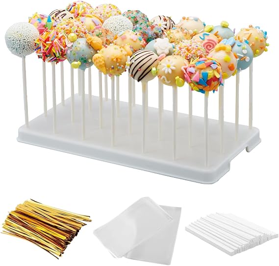28 Holes Cake Pop Stand and Wrappers Set, Lollipop Hold Stand, Candy Pop Holder with 100 Pcs Cake Pop Sticks, 100 Pcs Treat Bags, 100 Gold Twist Ties (White)