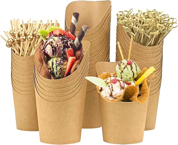 QPEY [50 cups + 100 picks 14OZ Kraft Charcuterie Cups with Cocktail Picks,French Fries Holder,French Fries Cones,Disposable Paper Appetizer Cups for all Occasions (brown)