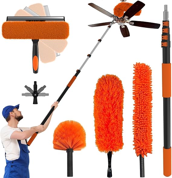 Buyplus 26FT Reach Dusting Kit, Long Duster with 5-20FT Extension Pole for High Ceilings, Cobweb Duster, Microfiber Duster, Window Squeegee, Extendable Duster Cleaning Kit