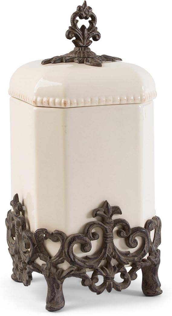 15-Inch Tall Provencial Cream Canister with Brown Metal Scrolled Base