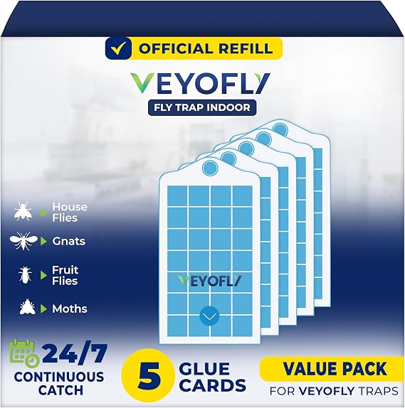 VEYOFLY Official Refill Fruit Fly Traps Indoor, Gnat Trap | 5-Pack | Slide-in refills, fits your trap, strong adhesive traps fruit flies & gnats, no mess, easy to replace, insects hidden