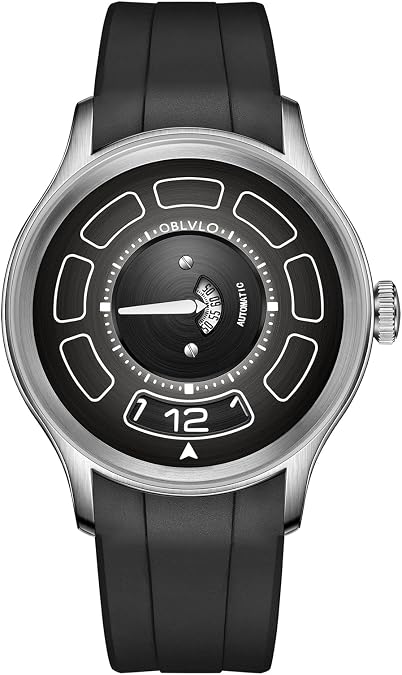 OBLVLO Luxury Automatic Watch, Black Silicone Band, Modern Display Design, UFO Concept