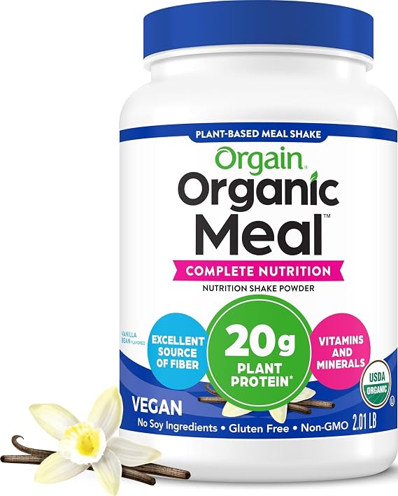 Orgain Organic 20g Meal Protein Powder, Vegan, Vanilla Bean, 2.01 lb | Meal replacement, plant based protein, 6g prebiotic fiber, fruits, vegetables, greens, gluten free, for shakes & smoothies