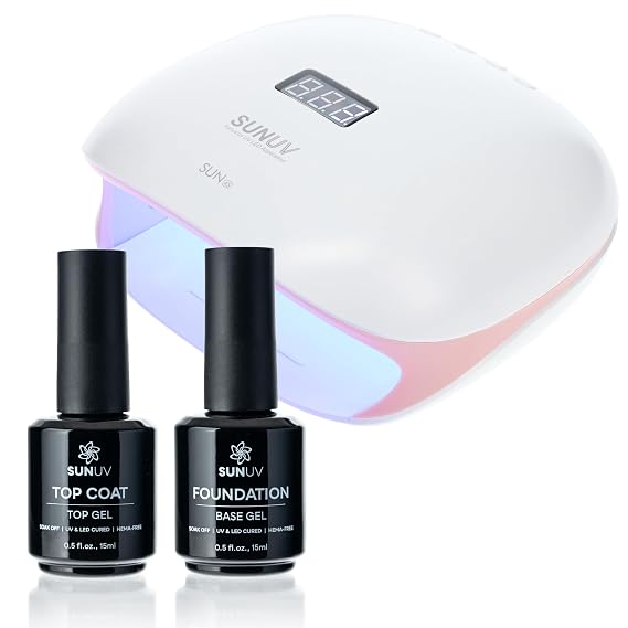 SUNUV SUN4S 48W LED UV Light Nails Lamp, 15ml Top and Base Coat Gel Polish Set Home and Salon Use Pink