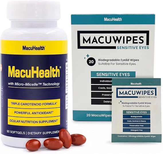 Macuhealth Triple Carotenoid Eye Vitamins for Adults with Lutein, Zeaxanthin & Meso-Zeaxanthin (3-Month Supply) and MacuWipes Sensitive Pre-Moistened Eyelid Wipes with Tea Tree Oil - 20 Count