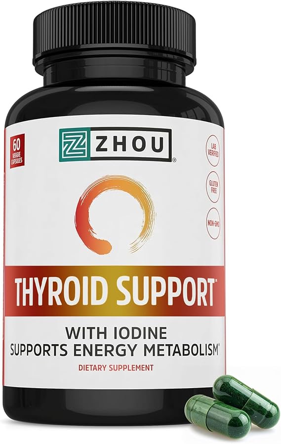 Zhou Thyroid Support Supplement - 60 Veggie Capsules (Pack of 1). | Thyroid Supplement for Women & Men with Zinc, Iodine, Selenium, Cellular Energy Complex with Ashwagandha, Kelp