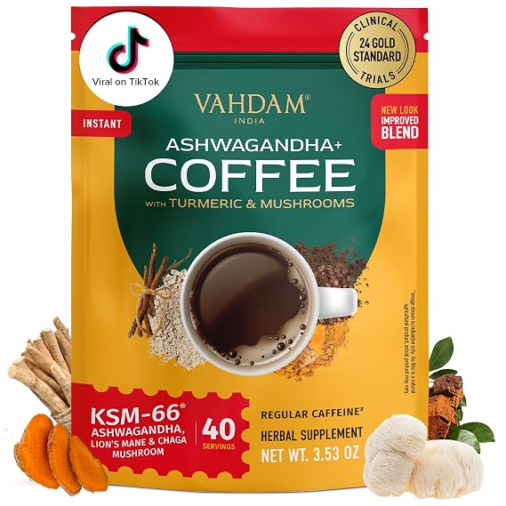 VAHDAM Ashwagandha Coffee with Turmeric, Lions Mane & Chaga Mushroom | Clinically Proven KSM 66 Ashwagandha & Pure Arabica Coffee