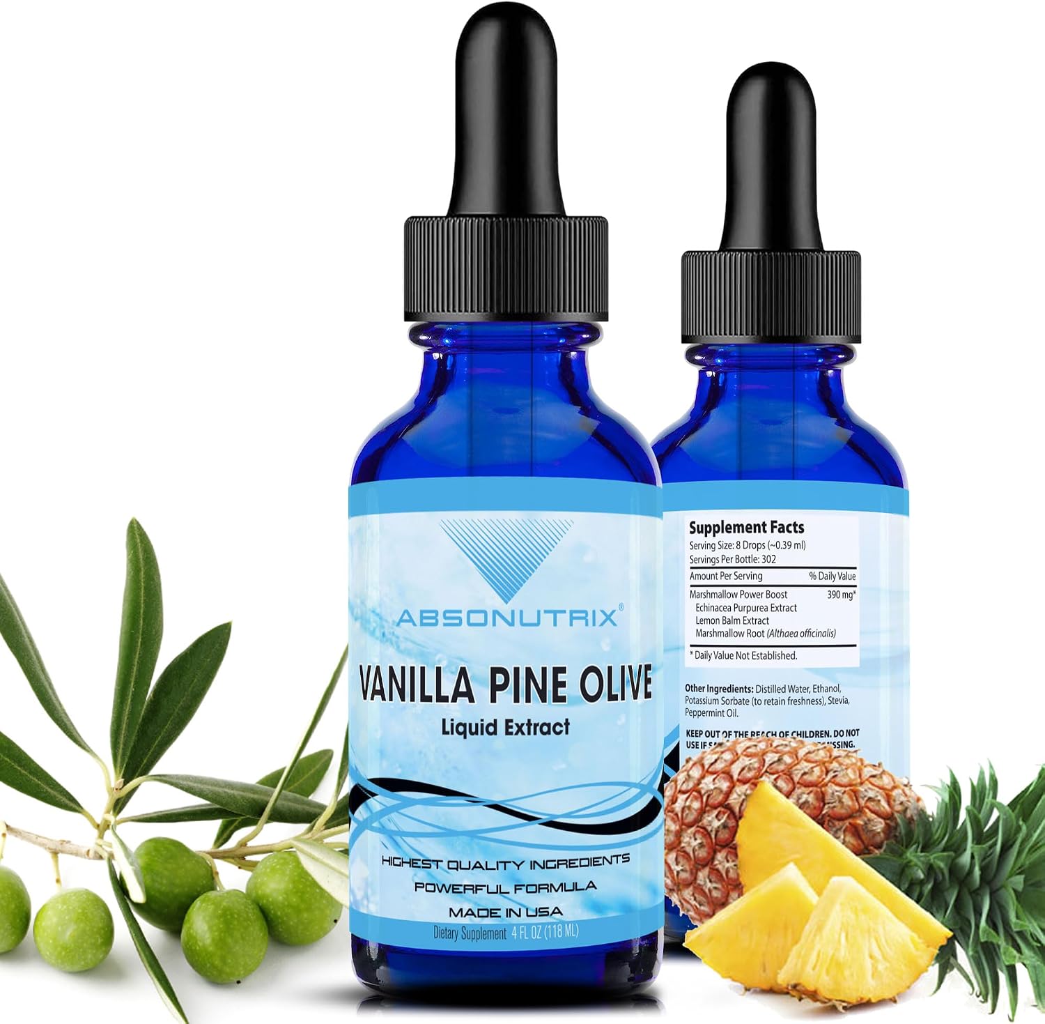 Absonutrix Vanilla Pine Olive Leaf Liquid Extract 390 mg, 4 FL OZ Olive Leaf Supplement for Immune Support, 302 Servings, Made in USA, Quick Absorption, Non-GMO, GMP Certified, Cruelty-Free Products