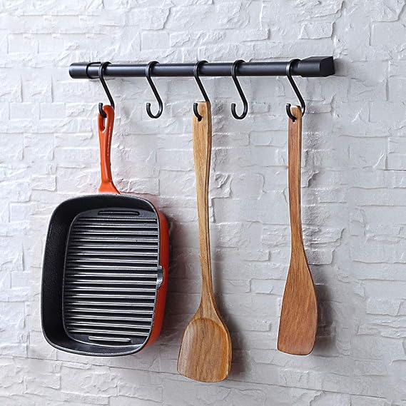 Kitchen Utensil Rack with Removable S Hook for Hanging Pots and Pans, Rod Hooks for Mugs, Wall Mounted Kitchen Rail Organizer, Aluminum,(Black-5 Hooks)