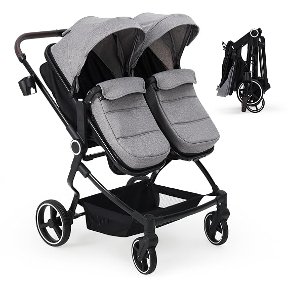 GarveeLife Side by Side Double Stroller for Twins, Lightweight Compact Foldable Baby Travel Stroller with High Landscape Seat, Adjustable Canopy & Recline for Infant and Toddler, Light Grey