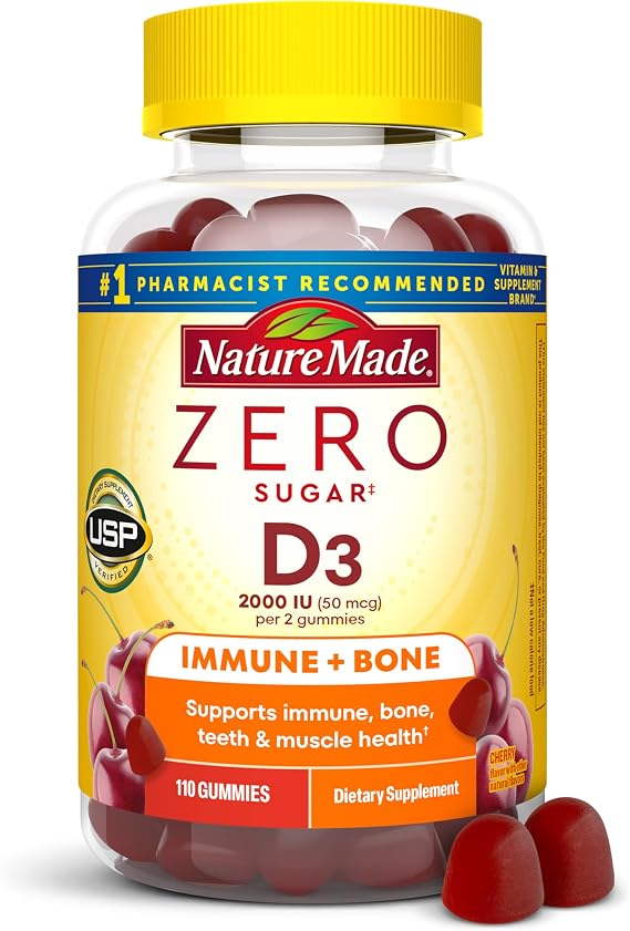 Nature Made Zero Sugar Vitamin D3 Gummies, 110 Vitamin D Gummies | Vitamin D3 2000 IU (50 mcg) per Serving, for Bone and Immune Health Support, Aspartame Free, Cherry Flavor, 55 Day Supply