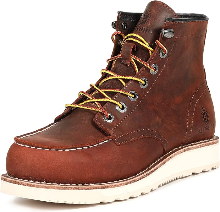Mens Work Boots Soft Moc Toe Handmade Classic Ankle Fashion Casual 6 Inch Wedge Sole Industrial Construction Shoes Brown/Black