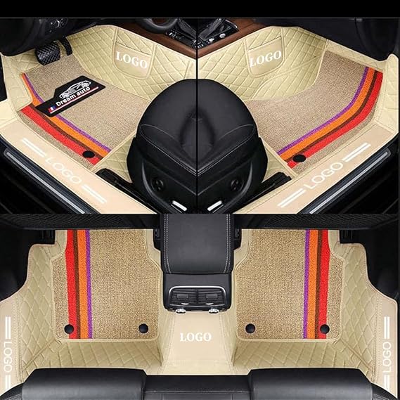 Custom Double Layer Leather Car Floor Mats for 95% Sedan SUV All-Weather Protective Mats Full-Coverage Front and Back Liner Mats for Protection Non-Slip Floor Liner(Beige)