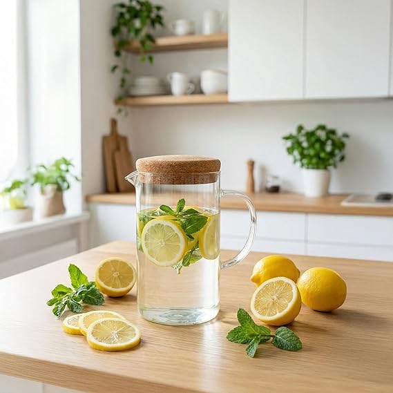 Deconox Mantar Kapaklı Borosilikat Cam Sürahi 2 Litre - Isıya Dayanıklı Minimalist Karaf ve Detoks Şişesi