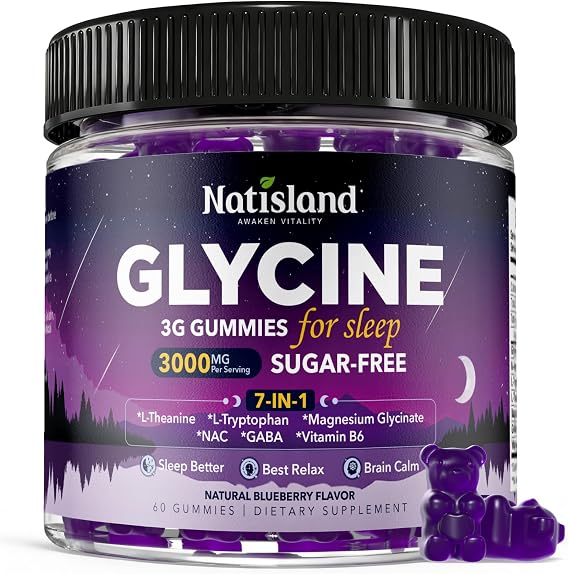 Glycine Gummies for Sleep, Glycine 3g Supplements with NAC, Magnesium Glycinate, L-Theanine, GABA, L Tryptophan, B6 for Relax, Nerve & Brain, Melatonin Free, Sugar Free, Vegan, Blueberry Flavor, 60 Ct