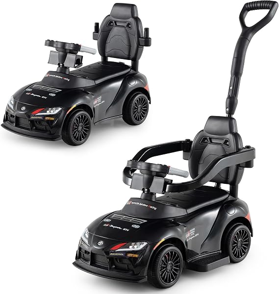 Costzon Push Car for Toddlers, 3 in 1 Toyota Licensed Stroller Sliding Walking Car w/Handle, Music, Safety Guardrail, Under-Seat Storage, Foot-to-Floor Kids Ride On Toys for Boys Girls (Black)