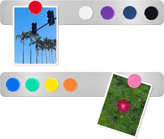Magnetic Board Strips, 2PCS Frameless Stainless Steel Metal Magnet Bulletin Board Bars with Adhesive Backing, Includes 10 Colorful Magnets, Memo Message Board Strip for Wall Home Office School