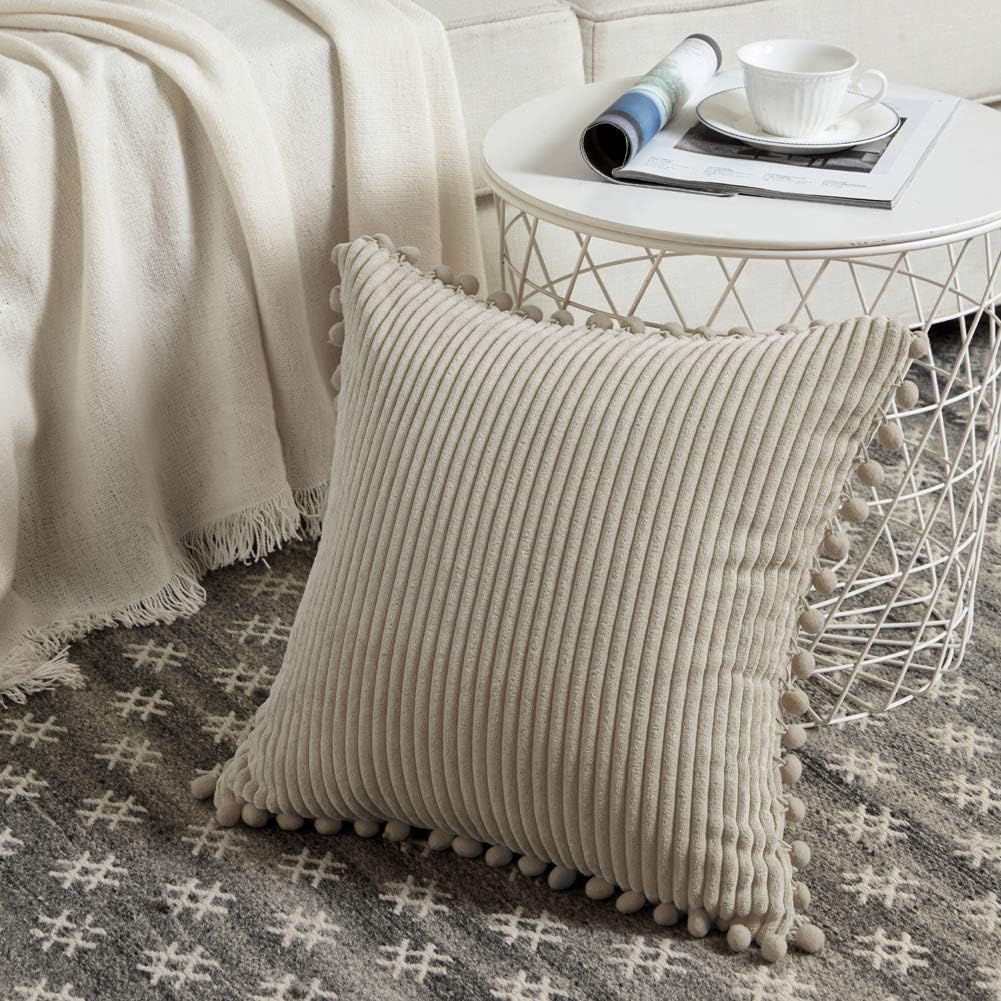 Fancy Homi Tan Boho Decorative Throw Pillow Covers 18x18 with Pom-poms, Soft Corduroy Solid Square Cushion Cases Set for Living Room Couch Sofa Bedroom Car 18x18 Inch45x45 cm, Khaki