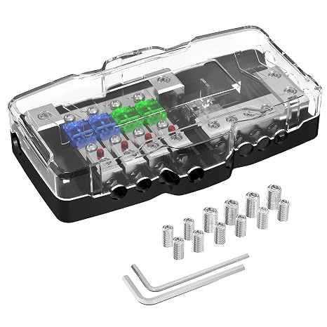 Joinfworld Fused Power Distribution Block Car Audio 4 Way MIDI(Mini-ANL) Fuse Block 12V 0/4 Gauge with Ground for Auto UTV Boat Stereo Amp