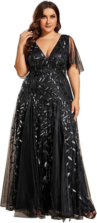Ever-Pretty Women's Sequin V Neck Plus Size Formal Dresses Evening Gown | Short Sleeve, A-Line, Empire Waist, Plus Size Mother of the Bride Dresses, Plus Size Gala Dress