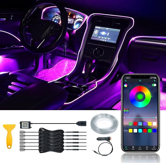 Car Interior LED Strip Light 6 in 1 Car Neon Ambient Lighting - Kits with 26.3FT Fiber Optic,16 Million Colors Sound Active Function and Wireless Bluetooth APP Control