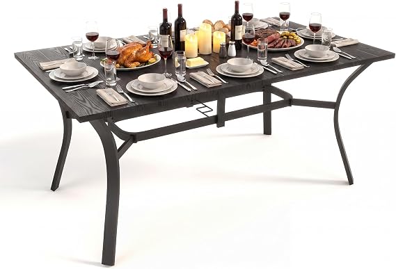 Patio Outdoor Dining Table, Wood-Grain Patio Table with Umbrella Hole, All-Weather Metal Dining Table for Party, Lawn & Garden (63 x 37.8) Black